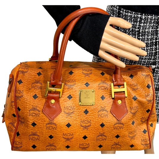 1215-03 MCM Cognac Visetos Coated Canvas & Leather Boston Bag