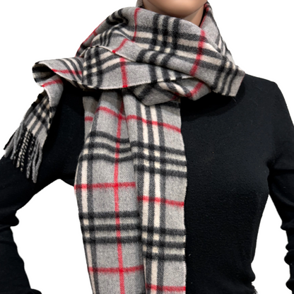 #8269 Vintage BURBERRY Gray Check 100% Cashmere Scarf Stole