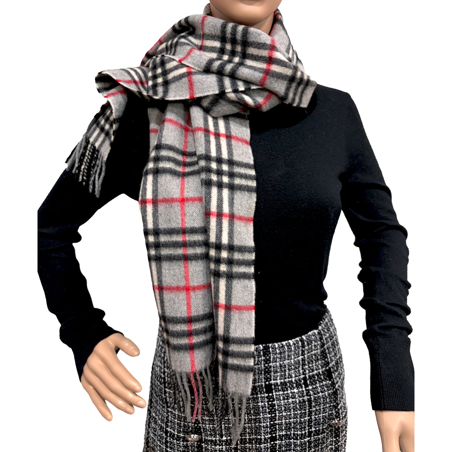 #8269 Vintage BURBERRY Gray Check 100% Cashmere Scarf Stole