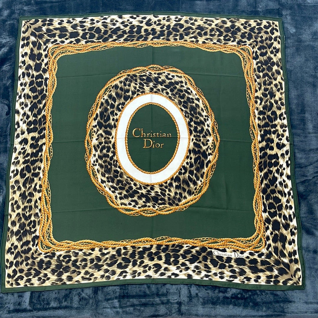 SOLD! Christian Dior Green Leopard Print Silk Scarf