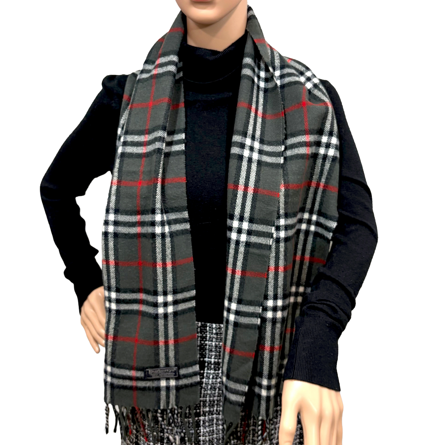 #8224 Vintage BURBERRYS Olive & Red Check 100% Lambswool Scarf Stole