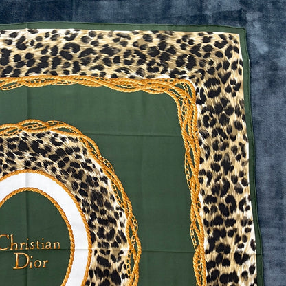 SOLD! Christian Dior Green Leopard Print Silk Scarf