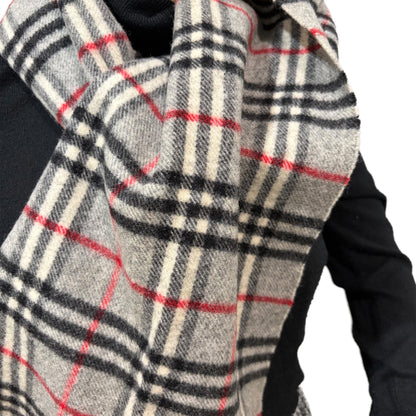 #8210  Vintage BURBERRYS Gray & Red Check 100% Lambswool Scarf Stole