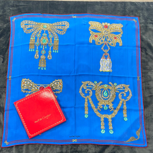 SOLD! Cartier Blue Jewel Brooch "Must De Cartier" Silk Scarf with Box