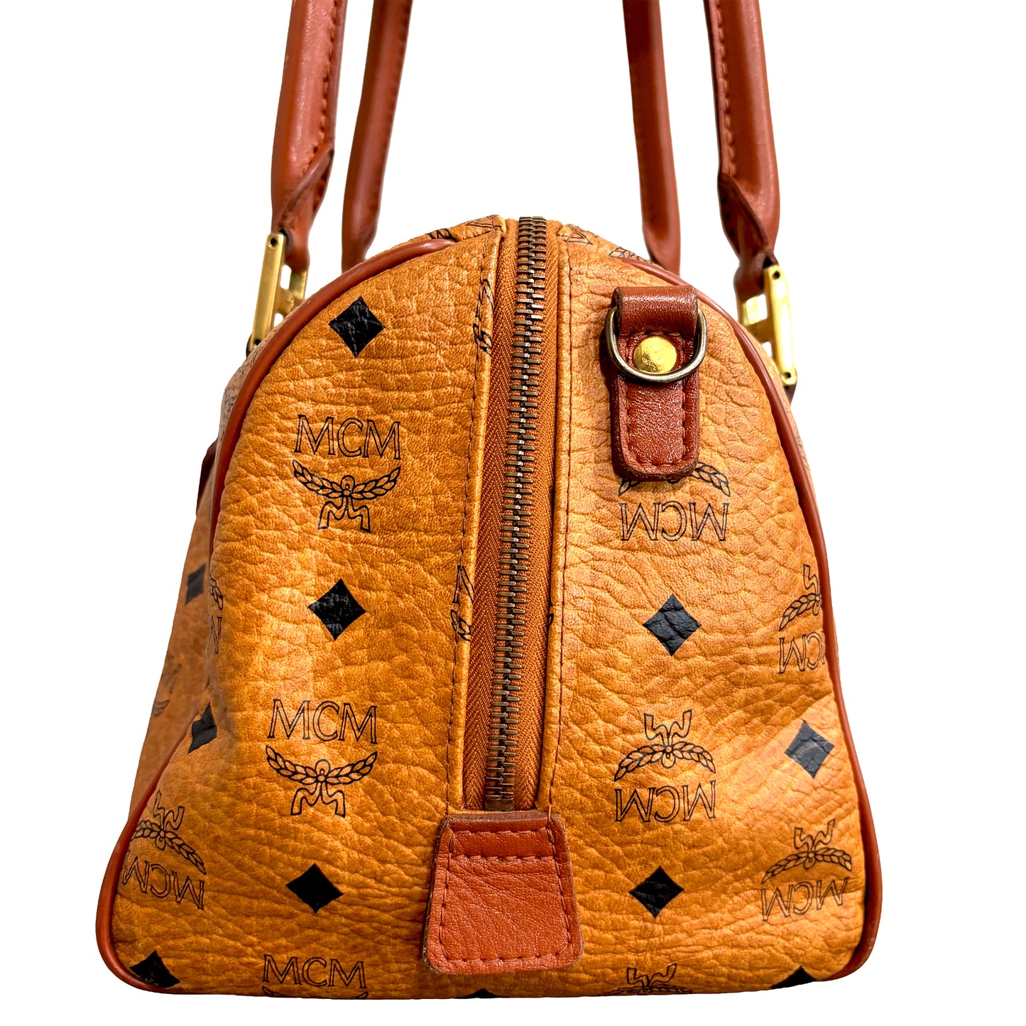 1215-03 MCM Cognac Visetos Coated Canvas & Leather Boston Bag