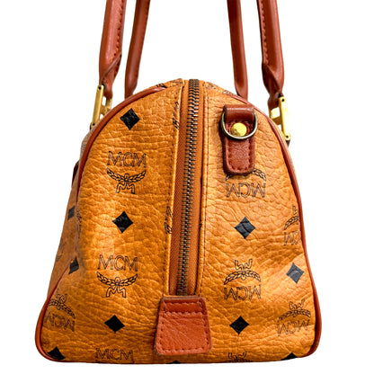 1215-03 MCM Cognac Visetos Coated Canvas & Leather Boston Bag