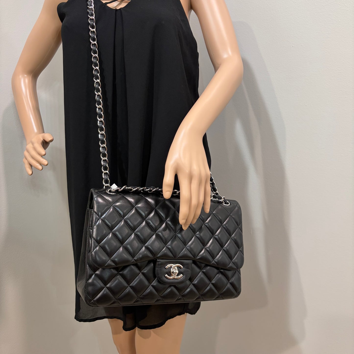 #1197 CHANEL Black Lambskin Classic Jumbo Double Flap Bag