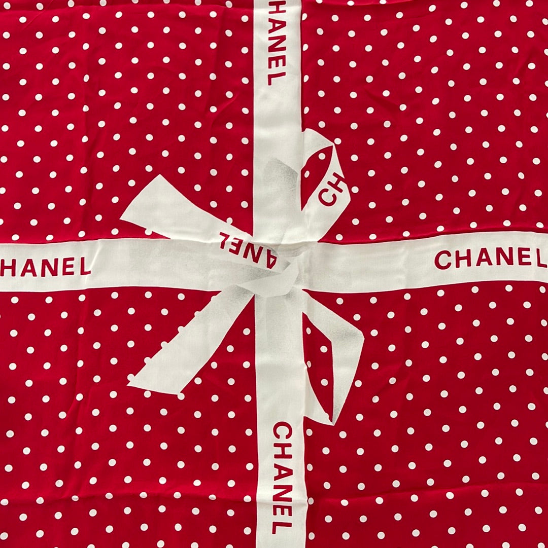 SOLD! CHANEL Red Silk Logo Ribbon Scarf