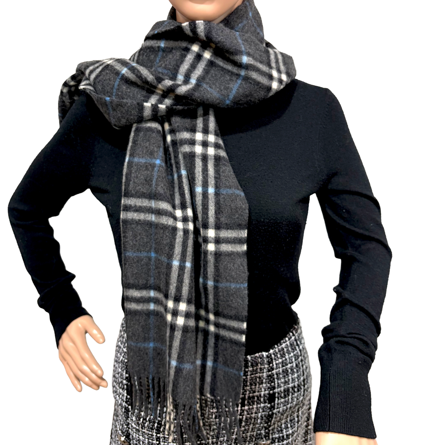 #8223 Vintage BURBERRYS Gray & Blue Check 100% Cashmere Scarf Stole