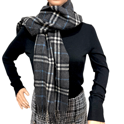 #8223 Vintage BURBERRYS Gray & Blue Check 100% Cashmere Scarf Stole