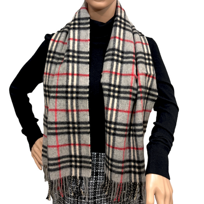 #8221  Vintage BURBERRYS Gray & Red Check 100% Cashmere Scarf Stole