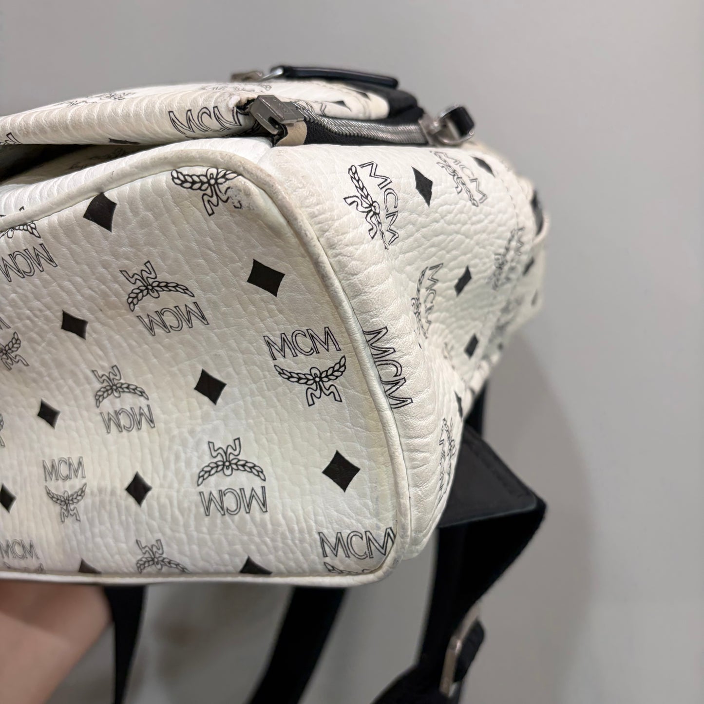 #1122 MCM White Visetos Hermosa Backpack w/ Removable Pouch