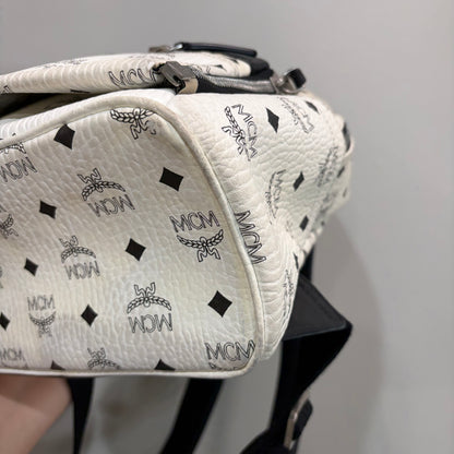 #1122 MCM White Visetos Hermosa Backpack w/ Removable Pouch