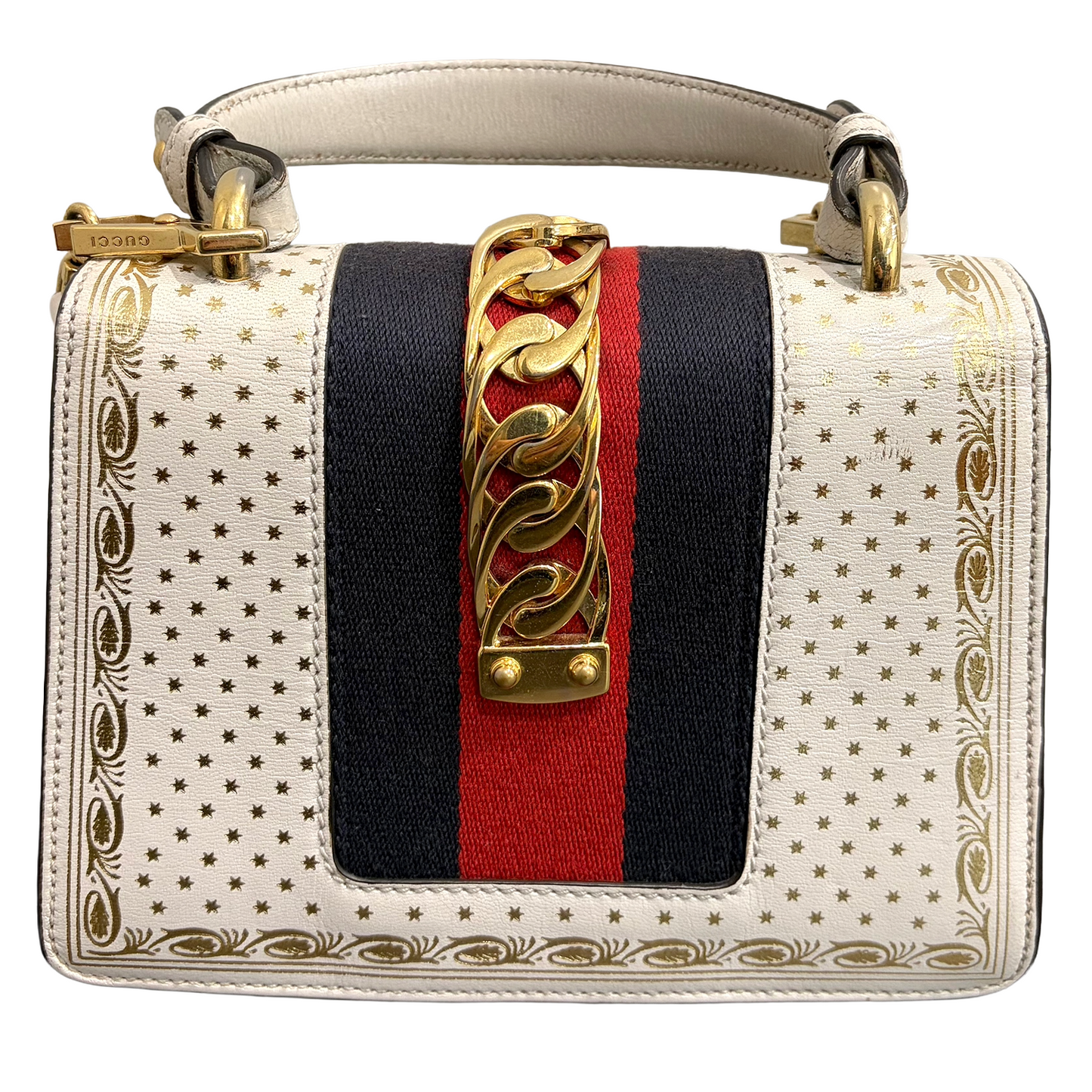 #3221 GUCCI Limited Edition Gold Stars Sylvie Mini Top Handle & Crossbody Bag