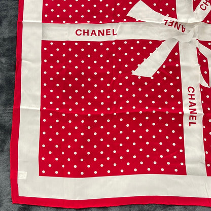 SOLD! CHANEL Red Silk Logo Ribbon Scarf