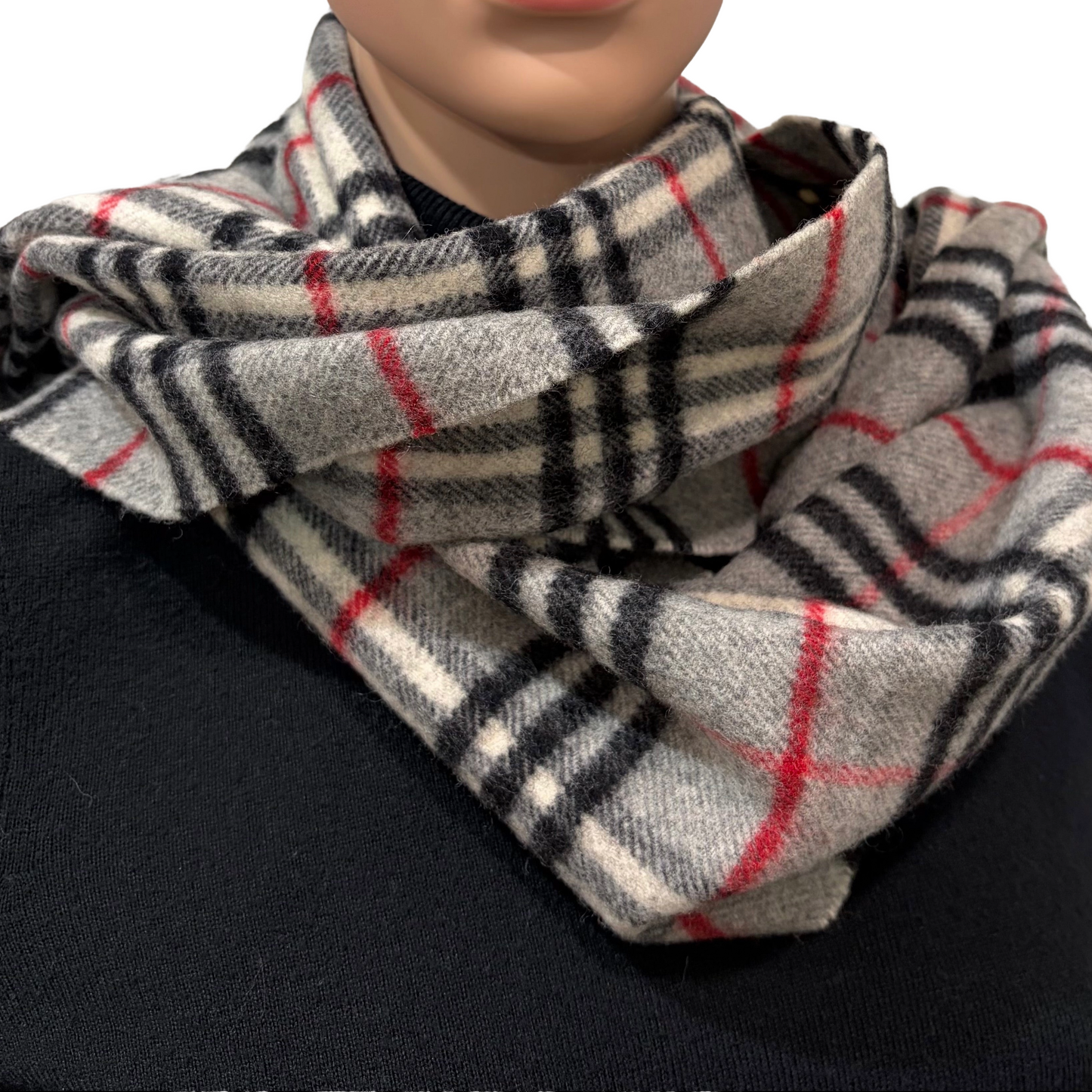 #8210  Vintage BURBERRYS Gray & Red Check 100% Lambswool Scarf Stole