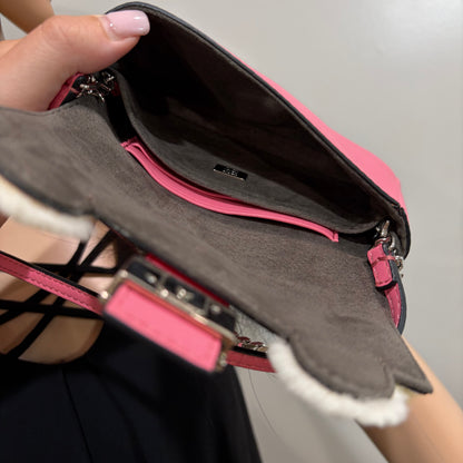 #1117 FENDI Fur-Trimmed Micro Leather Buggie Baguette Bag