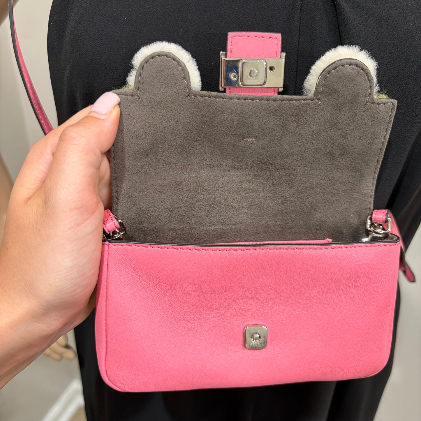 #1117 FENDI Fur-Trimmed Micro Leather Buggie Baguette Bag