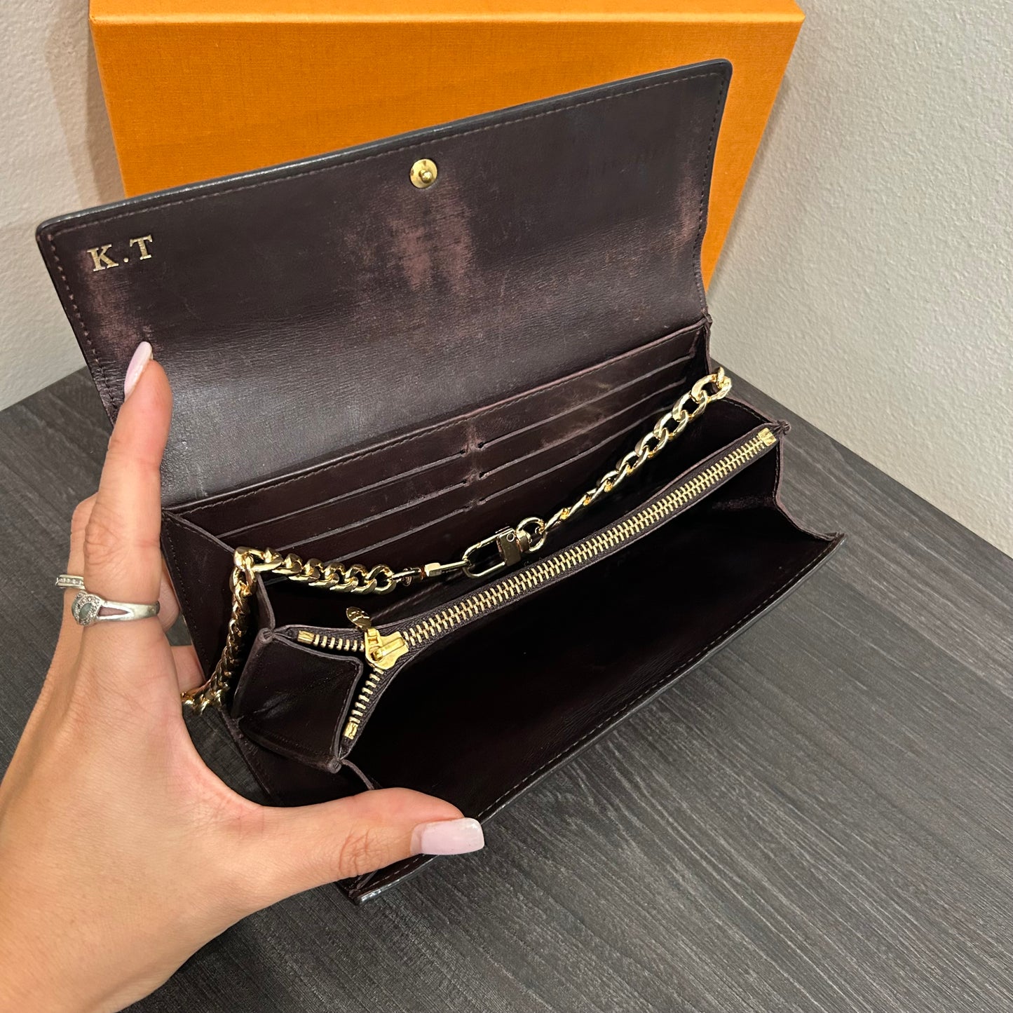 1008 LOUIS VUITTON Striped Vernis Long Wallet with Storage Box