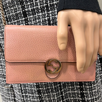 #9106 GUCCI Interlocking G Pink Leather Wallet on Chain