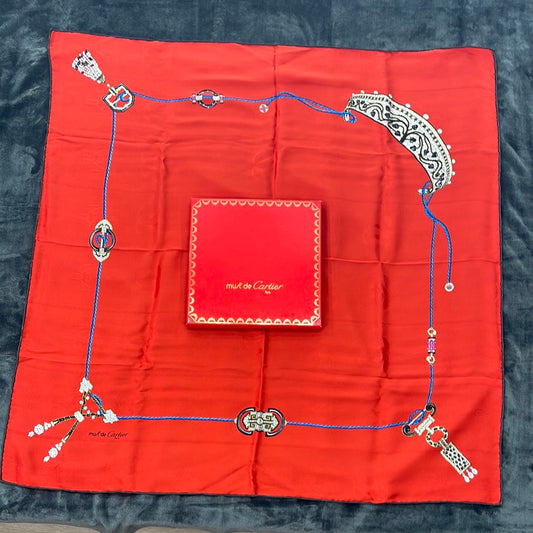 SOLD! Cartier Red Jewel "Must De Cartier" Silk Scarf with Box