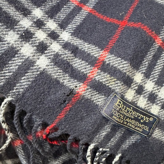 #8270 Vintage BURBERRY Blue Check 100% Lambswool Scarf Stole