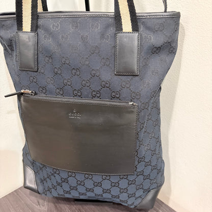 #8200 GUCCI Black GG Canvas Leather Web Tote