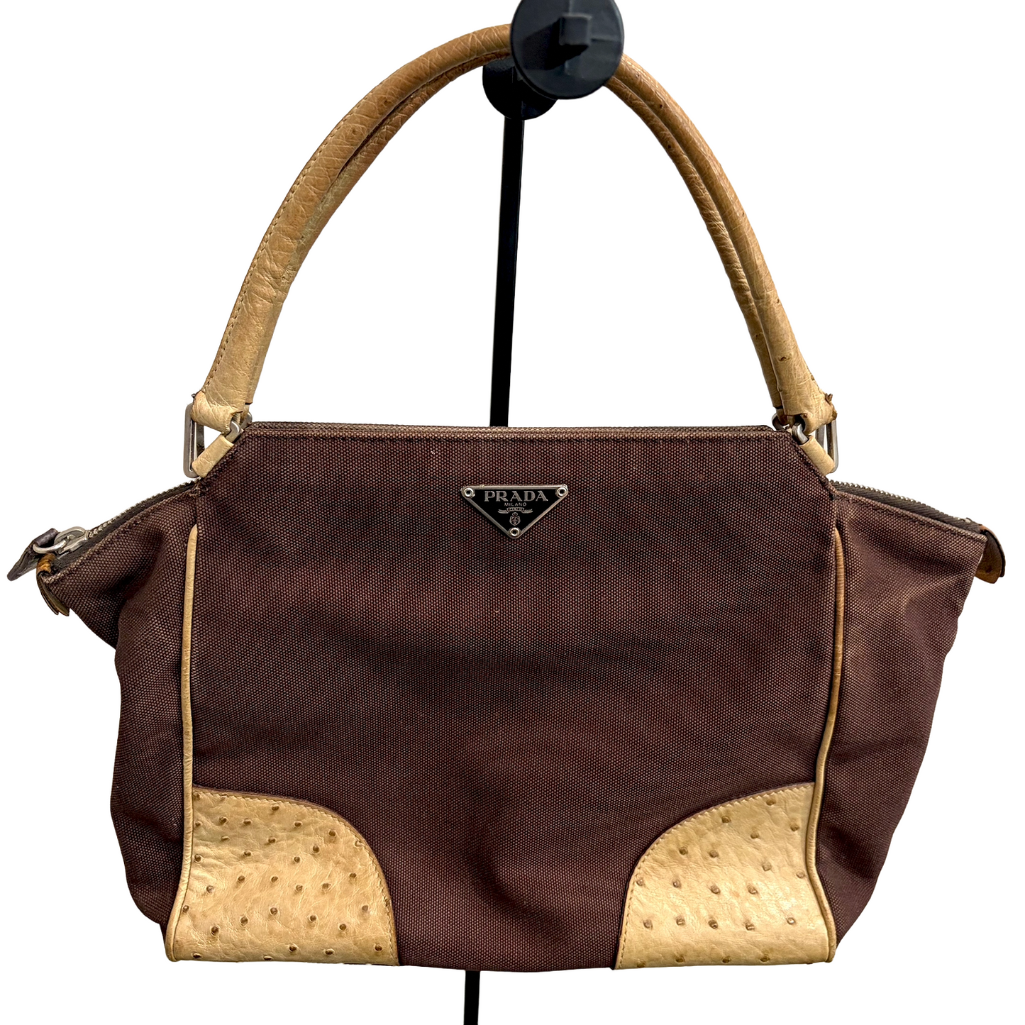 8853 PRADA Brown Canvas and Ostrich Handbag