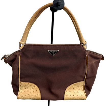 8853 PRADA Brown Canvas and Ostrich Handbag