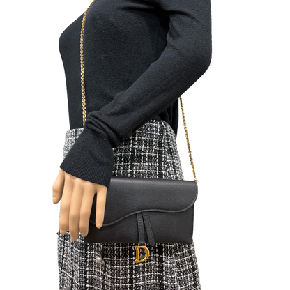 1129 DIOR Black Chèvre Leather Saddle Long Wallet with Chain