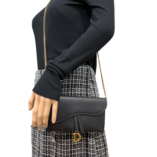 8903 DIOR Black Chèvre Leather Saddle Long Wallet with Chain MSRP $1,750