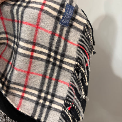 #8221  Vintage BURBERRYS Gray & Red Check 100% Cashmere Scarf Stole