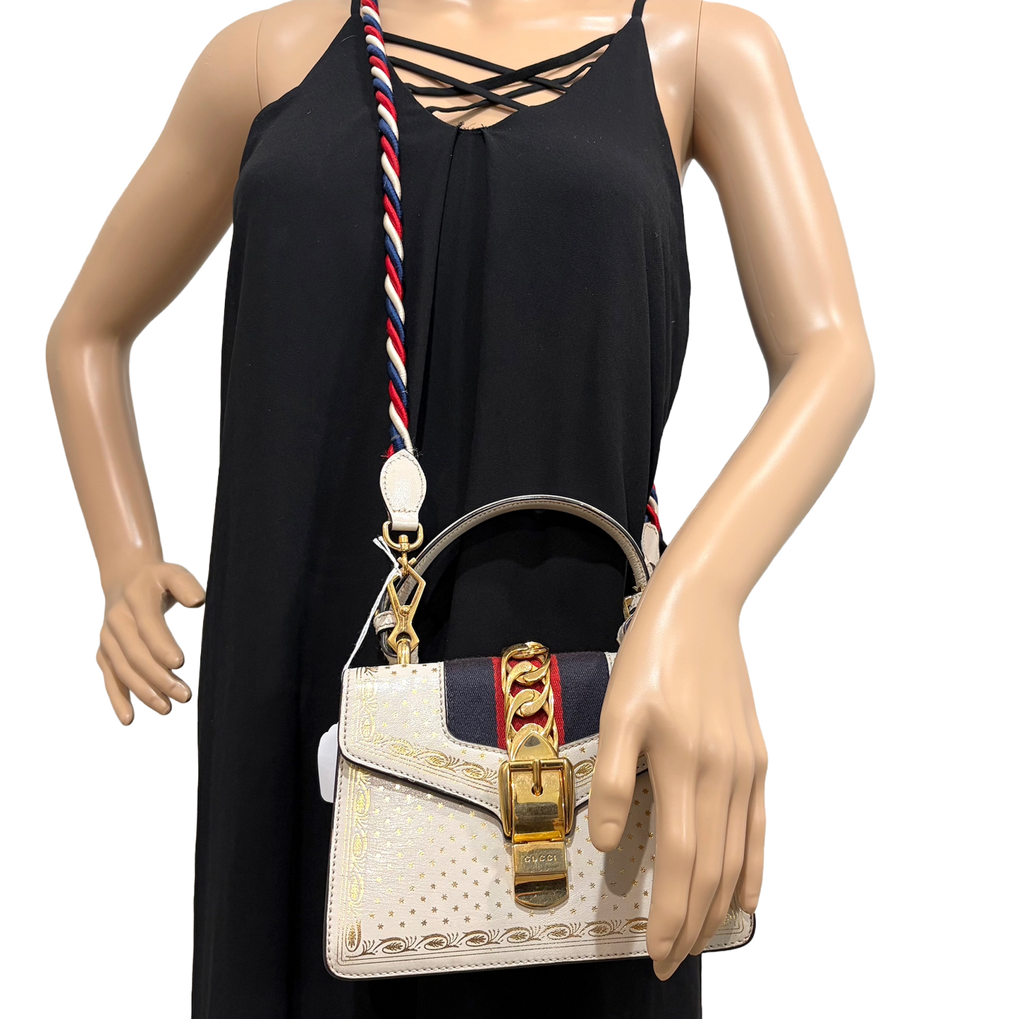 #3221 GUCCI Limited Edition Gold Stars Sylvie Mini Top Handle & Crossbody Bag