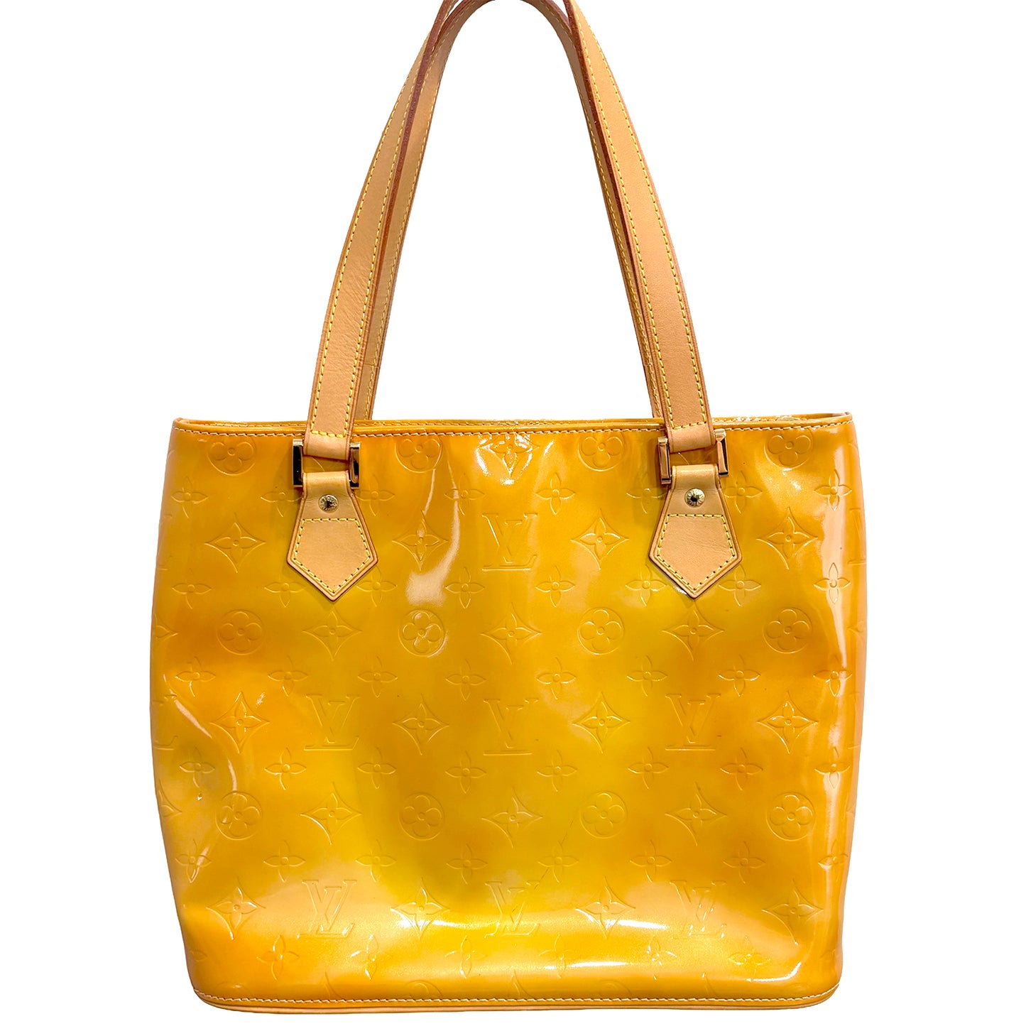 #1120 LOUIS VUITTON Jaune Passion Vernis Leather Houston Shoulder Tote (Cig Odor)
