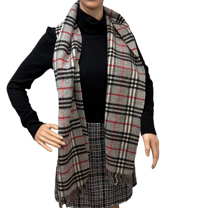 #8210  Vintage BURBERRYS Gray & Red Check 100% Lambswool Scarf Stole