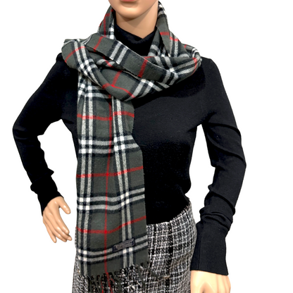 #8224 Vintage BURBERRYS Olive & Red Check 100% Lambswool Scarf Stole