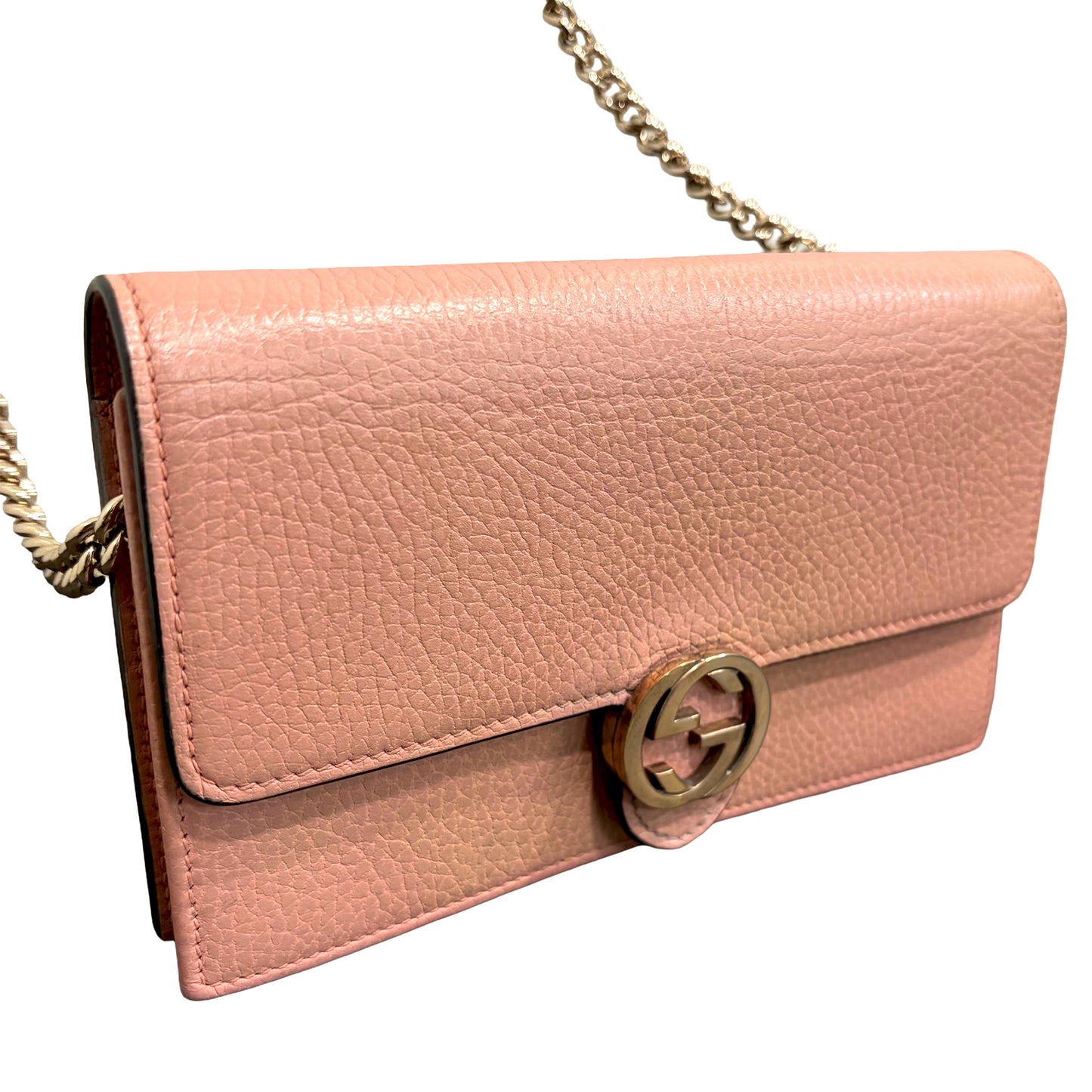 #9106 GUCCI Interlocking G Pink Leather Wallet on Chain