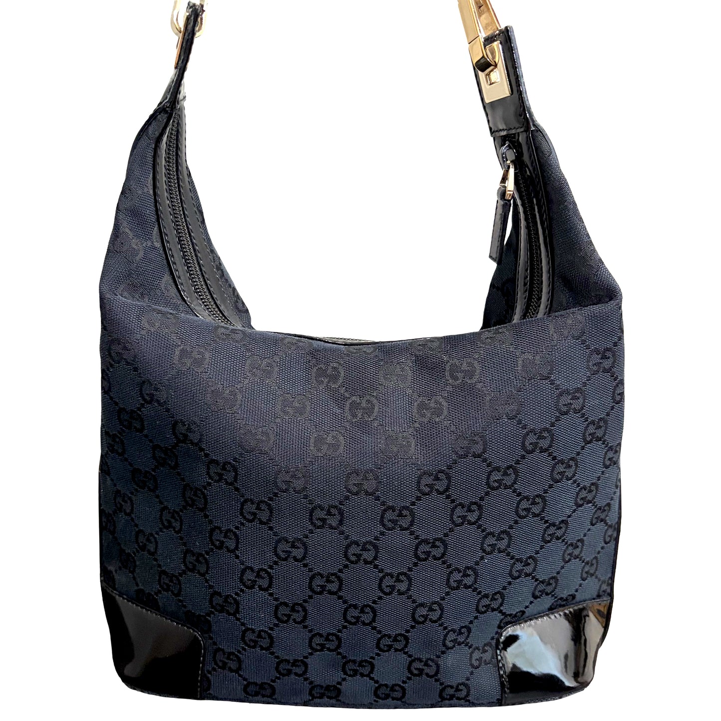 #9109 GUCCI Black GG Canvas & Patent Leather Shoulder Bag