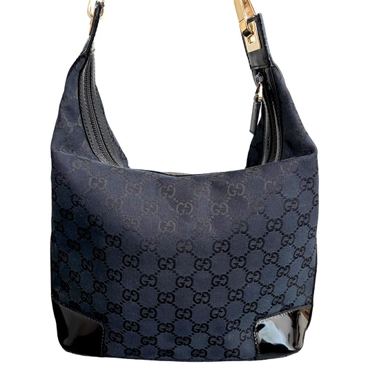 #9109 GUCCI Black GG Canvas & Patent Leather Shoulder Bag