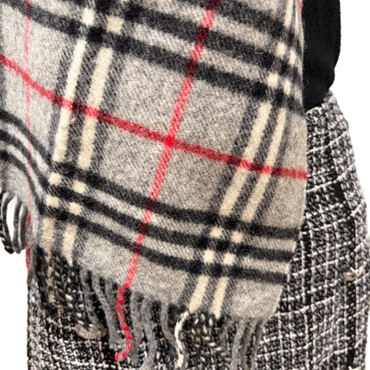 #8210  Vintage BURBERRYS Gray & Red Check 100% Lambswool Scarf Stole