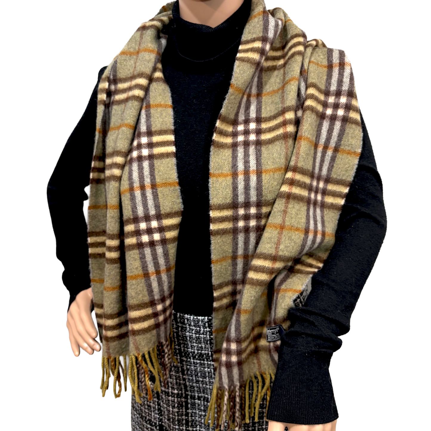 BF-08 Vintage BURBERRY Olive Green Check 100% Cashmere Scarf