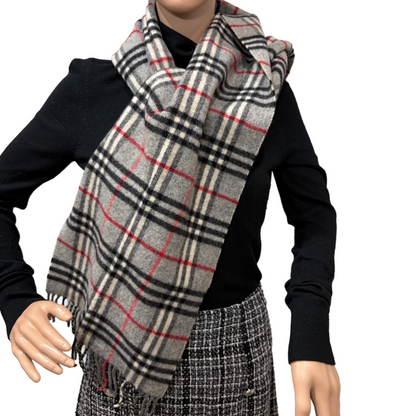 #8210  Vintage BURBERRYS Gray & Red Check 100% Lambswool Scarf Stole