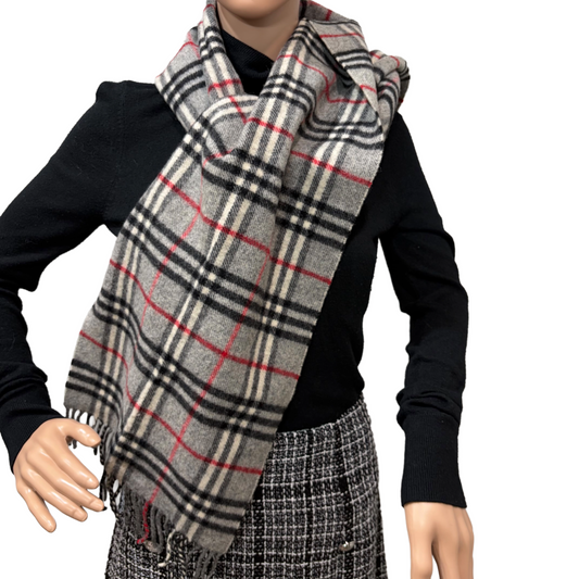 #8210  Vintage BURBERRYS Gray & Red Check 100% Lambswool Scarf Stole