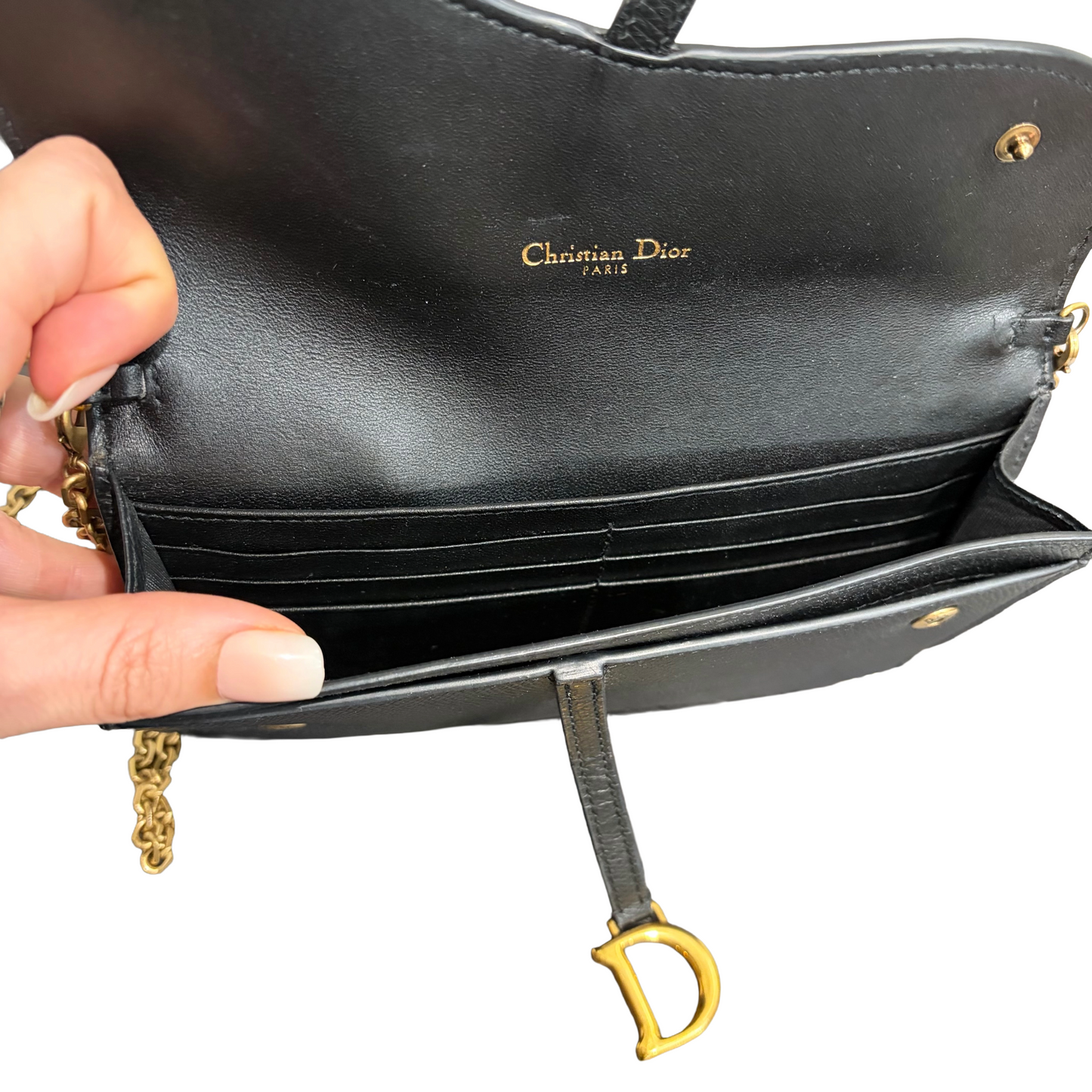 1129 DIOR Black Chèvre Leather Saddle Long Wallet with Chain