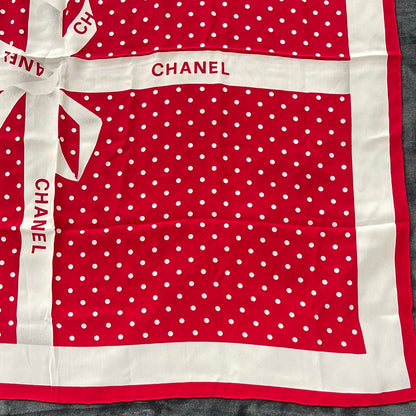 SOLD! CHANEL Red Silk Logo Ribbon Scarf