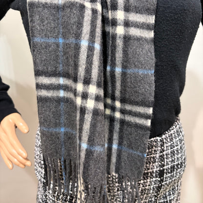 #8223 Vintage BURBERRYS Gray & Blue Check 100% Cashmere Scarf Stole