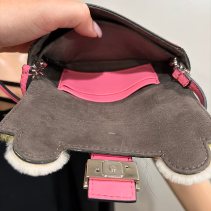 #1117 FENDI Fur-Trimmed Micro Leather Buggie Baguette Bag