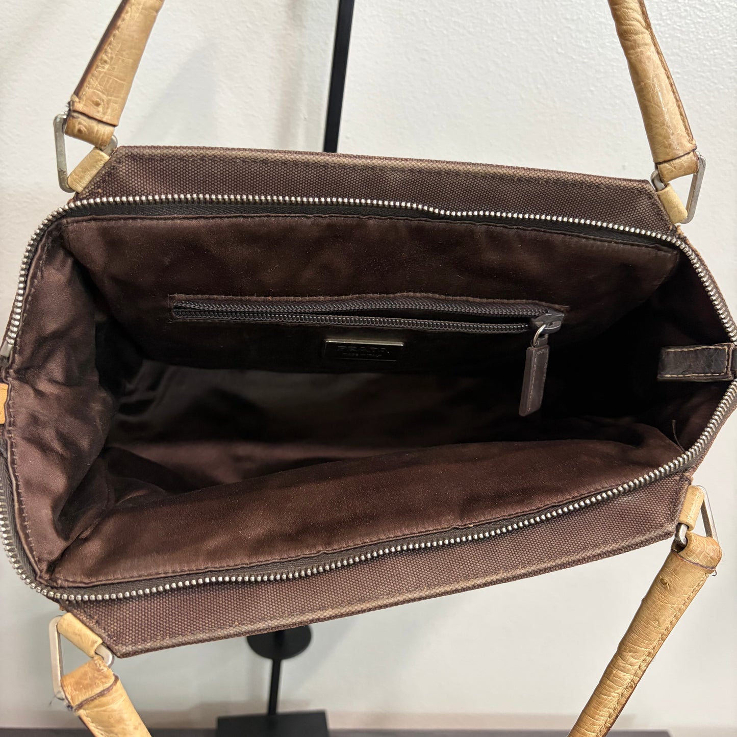 8853 PRADA Brown Canvas and Ostrich Handbag