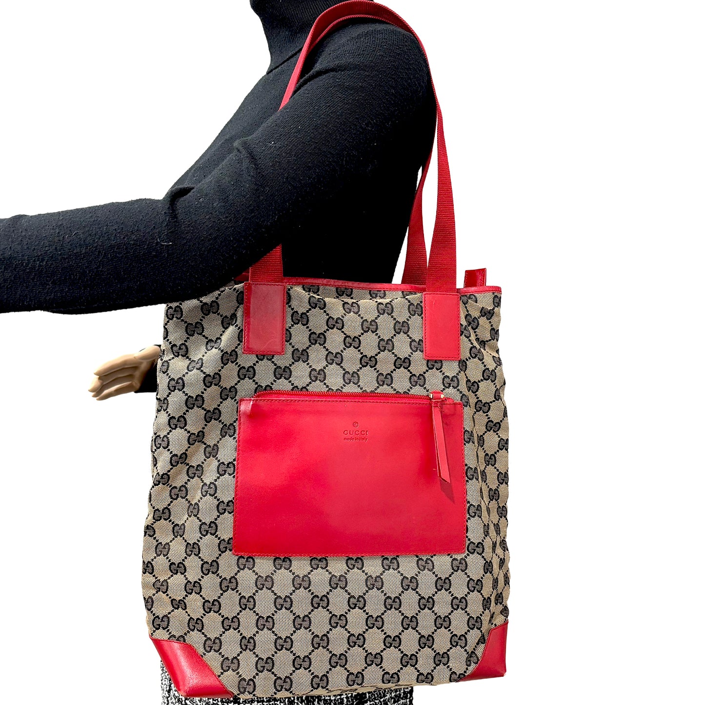 #1103 GUCCI GG Canvas Red Leather Donna Tote