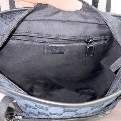 #8200 GUCCI Black GG Canvas Leather Web Tote